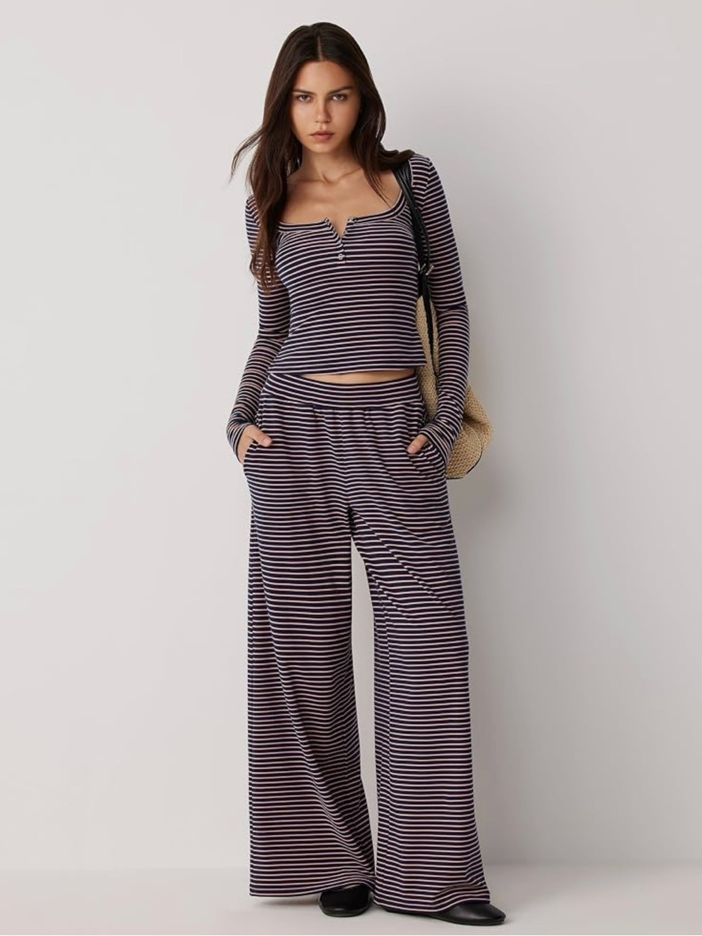 Henley Striped Long Sleeve Lounge Set